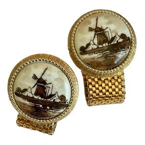 Vintage 1960s SWANK Ceramic Delft Goldtone Cuff Links